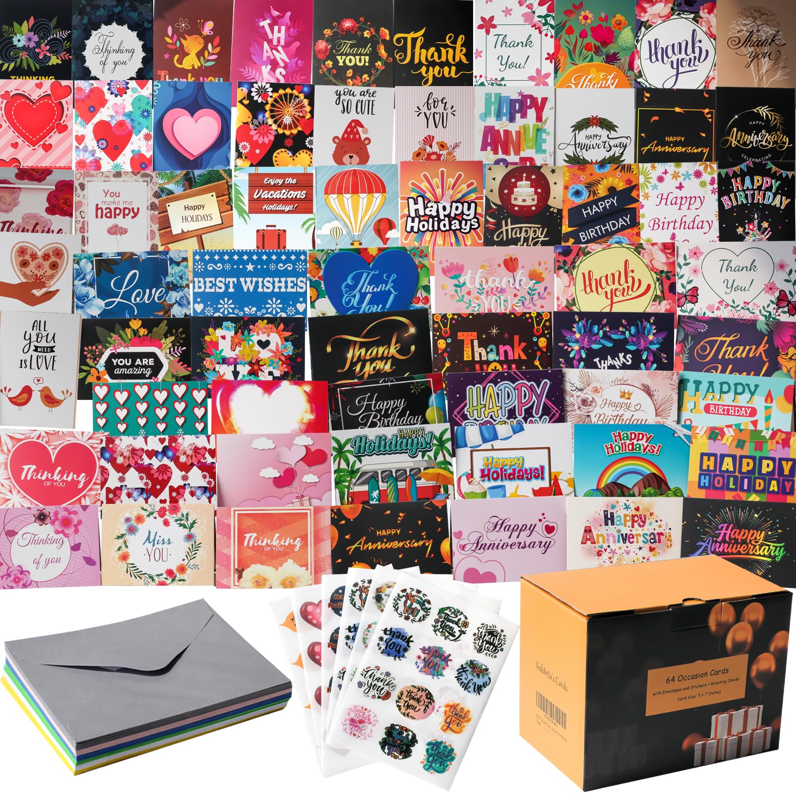 64 Pack All Occasion Cards Assortment Box with Envelopes & Stickers, 4×6 Inch Assorted Blank Greeting Cards for Birthday, Holiday, Love, Anniversary, Thinking of You, Thank You Cards