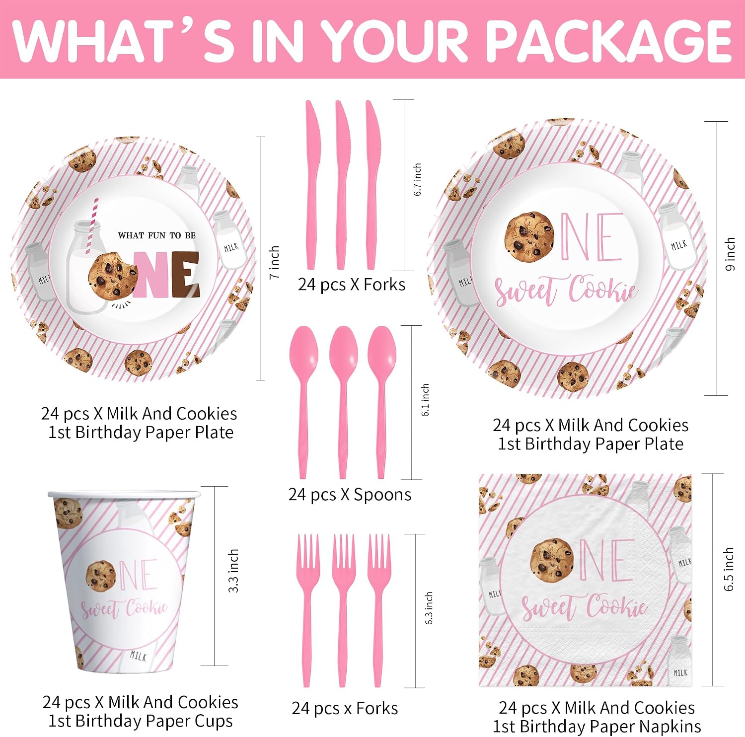 Milk and Cookies 1st Birthday Decorations Girl Tableware, Pink One Sweet Cookie Birthday Party Supplies, Milk Theme Paper Plates and Napkins Set, Cups, Disposable Cutlery, Serves 24