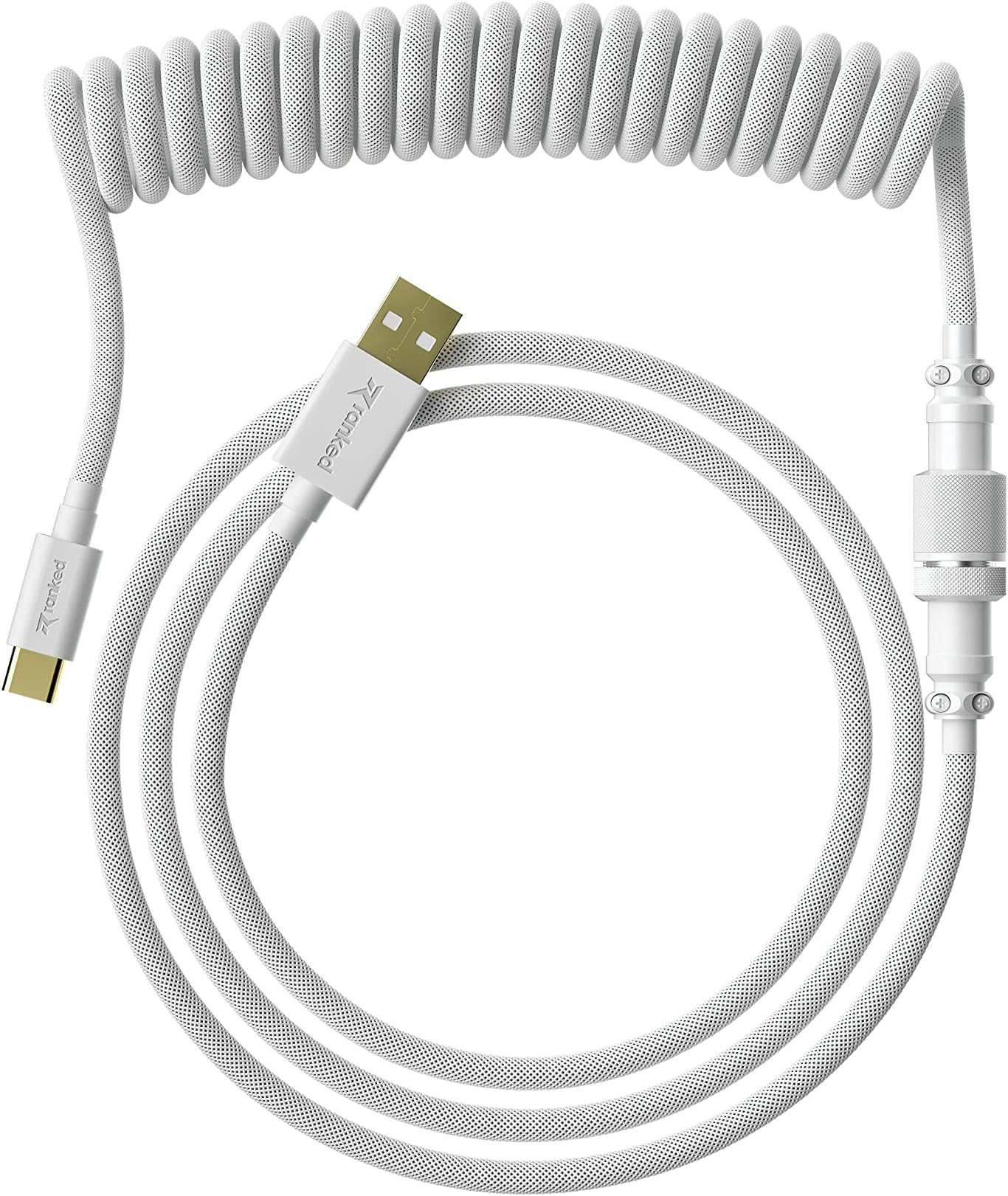 Ranked Coiled Keyboard Cable | Handcrafted Double-Sleeved Braided Cable | USB Type C to A | 5-Pin Aviator Connector for Custom Mechanical Gaming Keyboard | Support Fast Charge 20W (White)