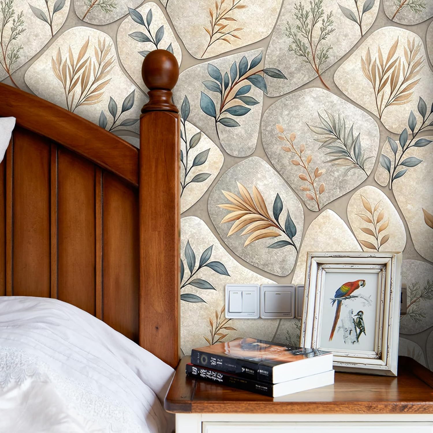 Vivid Leaf Wallpaper Self Adhesive Peel and Stick Beige Blue Watercolor Botanical Leaf Cobblestone Contact Paper Removable Waterproof for Bedroom Renter Friendly 17.71"x236.2"