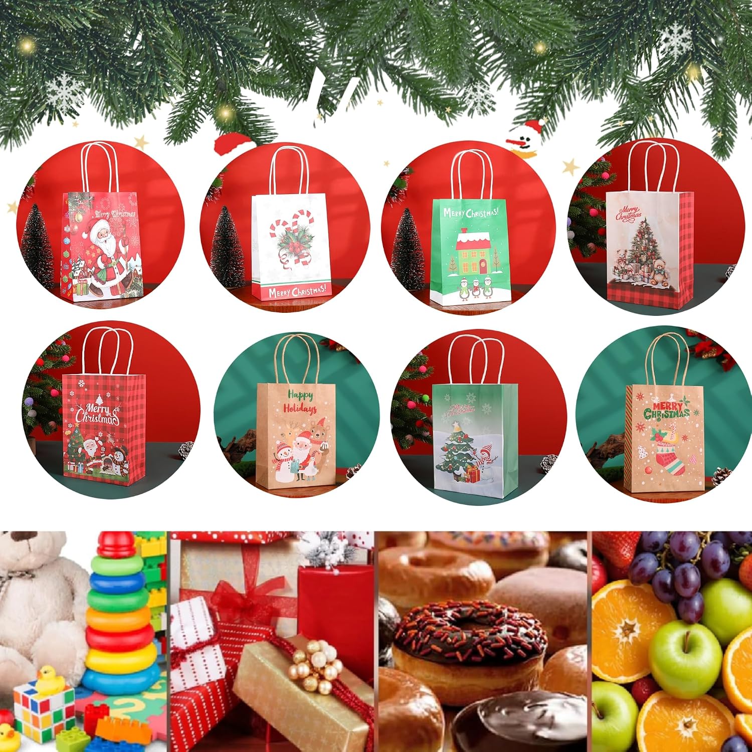 Nlqhyrexion Christmas Gift Bags, Large and Small, 12 Christmas Bags, Kraft Paper Bags with Handle, Christmas Bags for Filling, Gift Bags, Christmas Gift Bags for Packaging