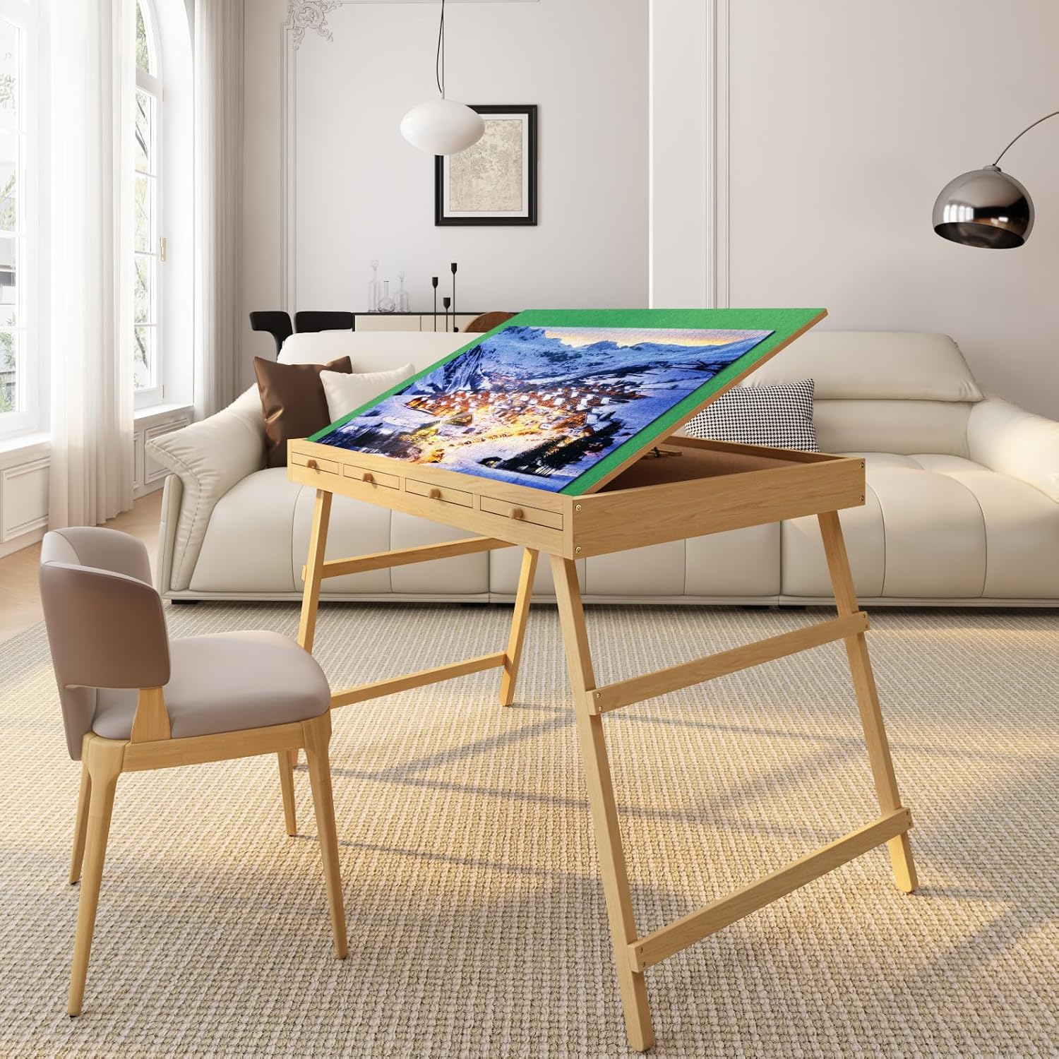 3-in-1 Folding & Tilting & High Puzzle Board with 4 Drawers, 1500 Pieces 27.7" H Tall Puzzle Table with Protective Cover for Adults- 34" x 26" Wooden Puzzle Table with Legs