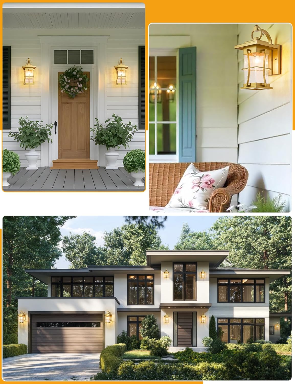 Gold Dusk to Dawn Outdoor Wall Lantern Exterior Light Fixtures Wall Mount Porch Light with Photocell Sensor Waterproof Outside Sconce for House, Patio, Garage,Seeded Glass Outside Wall Lamps