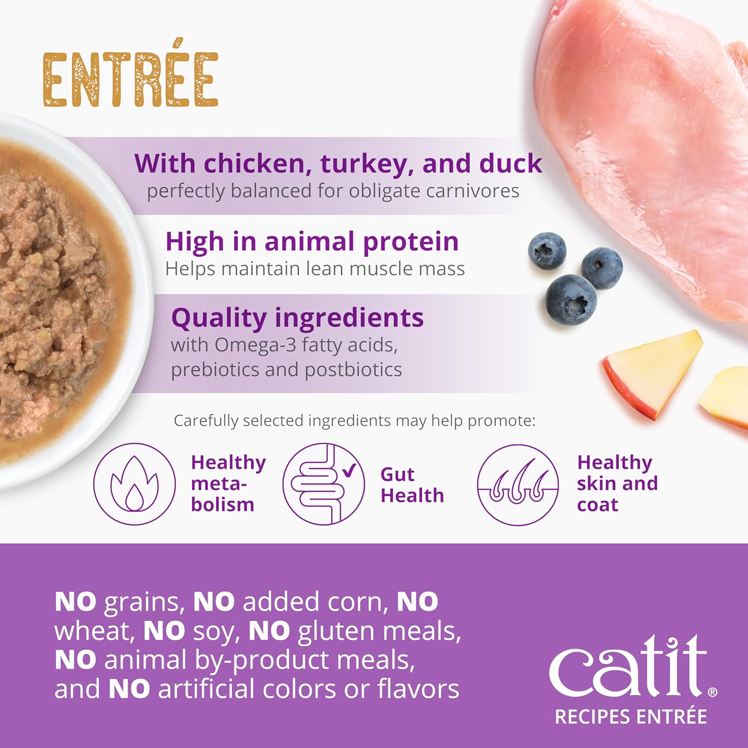 Catit Recipes Indoor Chicken, Turkey & Duck Entrée – High-Protein Wet Cat Food with L-Carnitine, Turkey Bone Broth for Hydration, Omega-3 for Skin & Coat, and Prebiotics for Gut Health 3oz (24/cs)