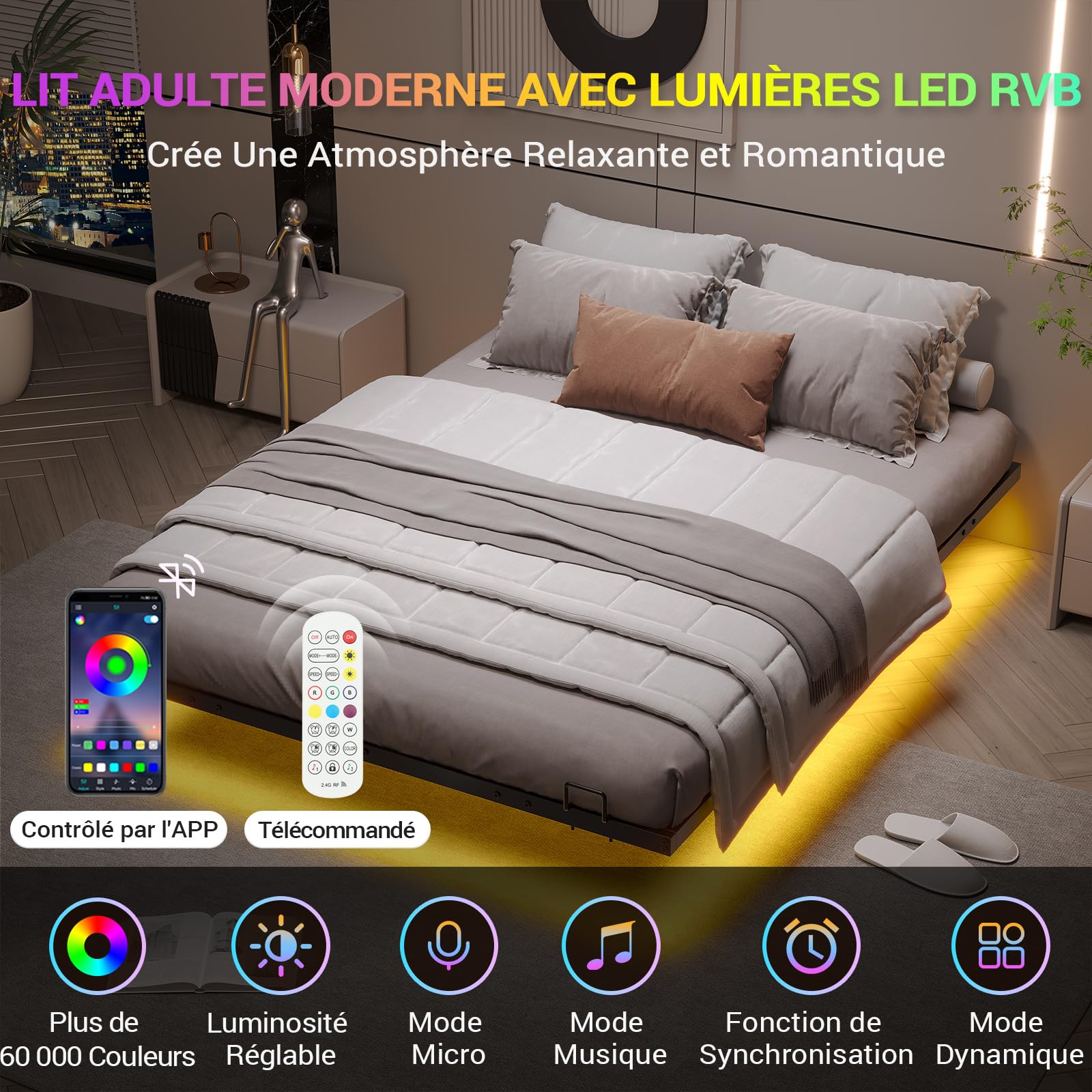 DICTAC Lit 140 x 190 avec Sommier Métal Cadre de Lit 140x190 avec Éclairage LED,lit 2 Personnes avec sommier à Lattes Lits Flottant Double,Structure Solide,Facile à Assembler,Noir-sans Matelas