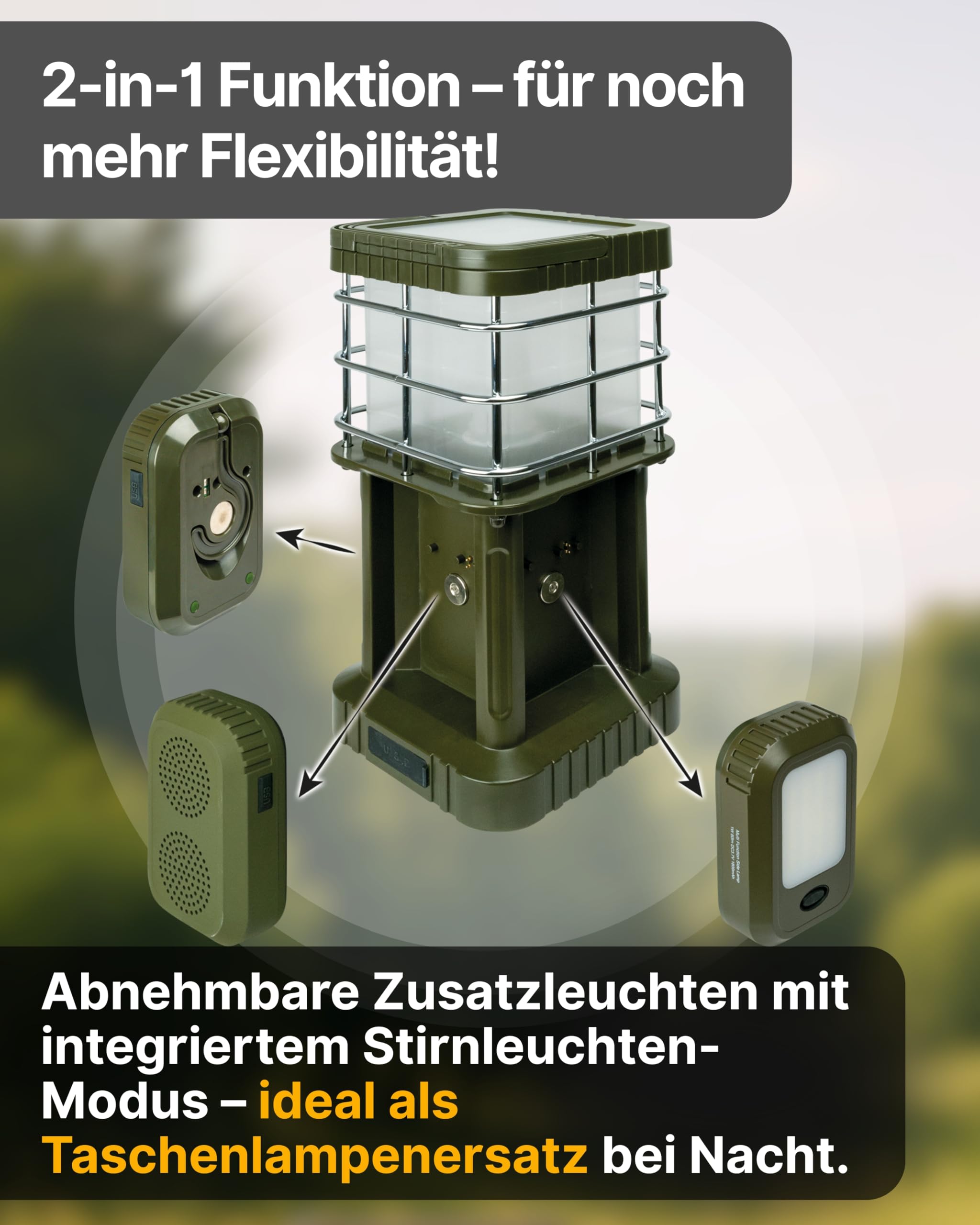 SCHWAIGER LED Campingleuchte mit Bluetooth Lautsprecher I Campinglampe mit 2 Zusatzleuchten & Powerbank-Funktion I dimmbares Campinglicht 400 lm I multifunktionale Outdoor Lampe