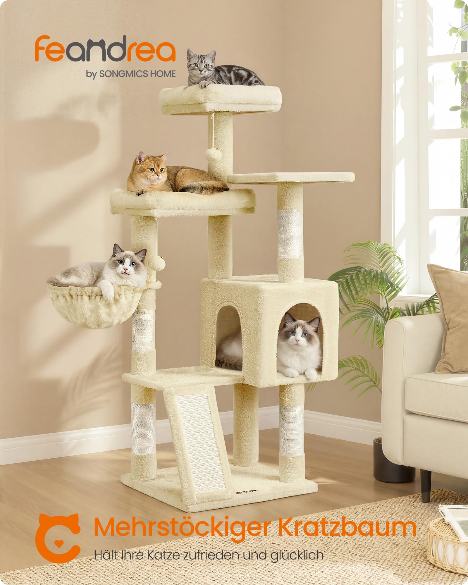 Feandrea Kratzbaum, 136 cm hoch, Katzenbaum, mehrstöckiges Katzenhaus, mit 4 Kratzsäulen, 3 Plattformen, Liegemulden, Höhle, beige PCT012LF01