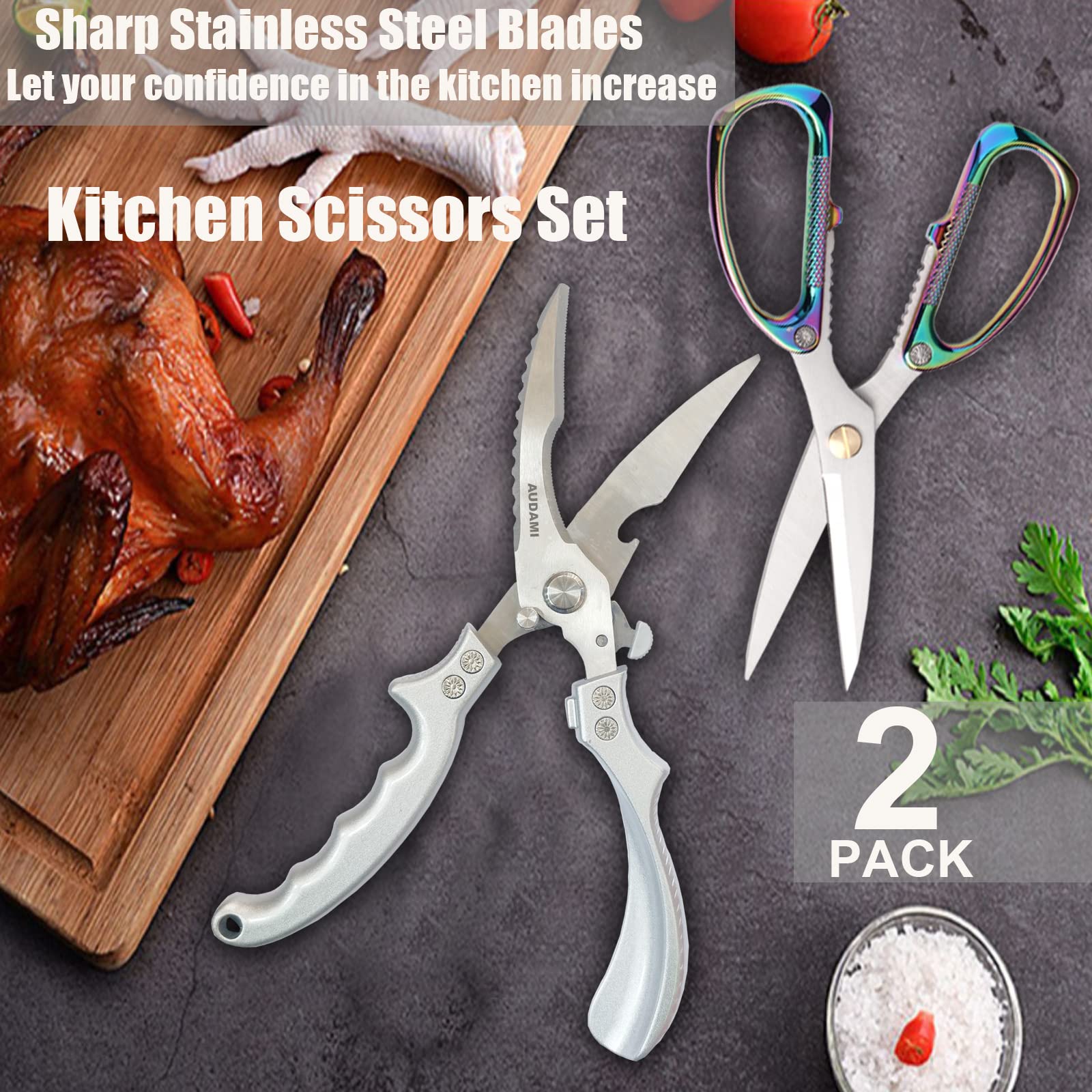 Juego de 2 tijeras de cocina de alta resistencia, tijeras de aves de corral, tijeras de cocina profesionales, tijeras de cocina aptas para lavaplatos, tijeras de acero inoxidable