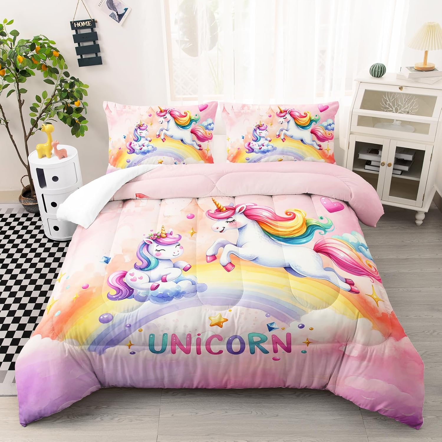Unicorn Bedding Full, 3D Printed Cute Rainbow Comforter Set for Girls, All Season Full Size Comforter Sets with Castle Fairy Design, Perfect for Kids Bedroom Decor