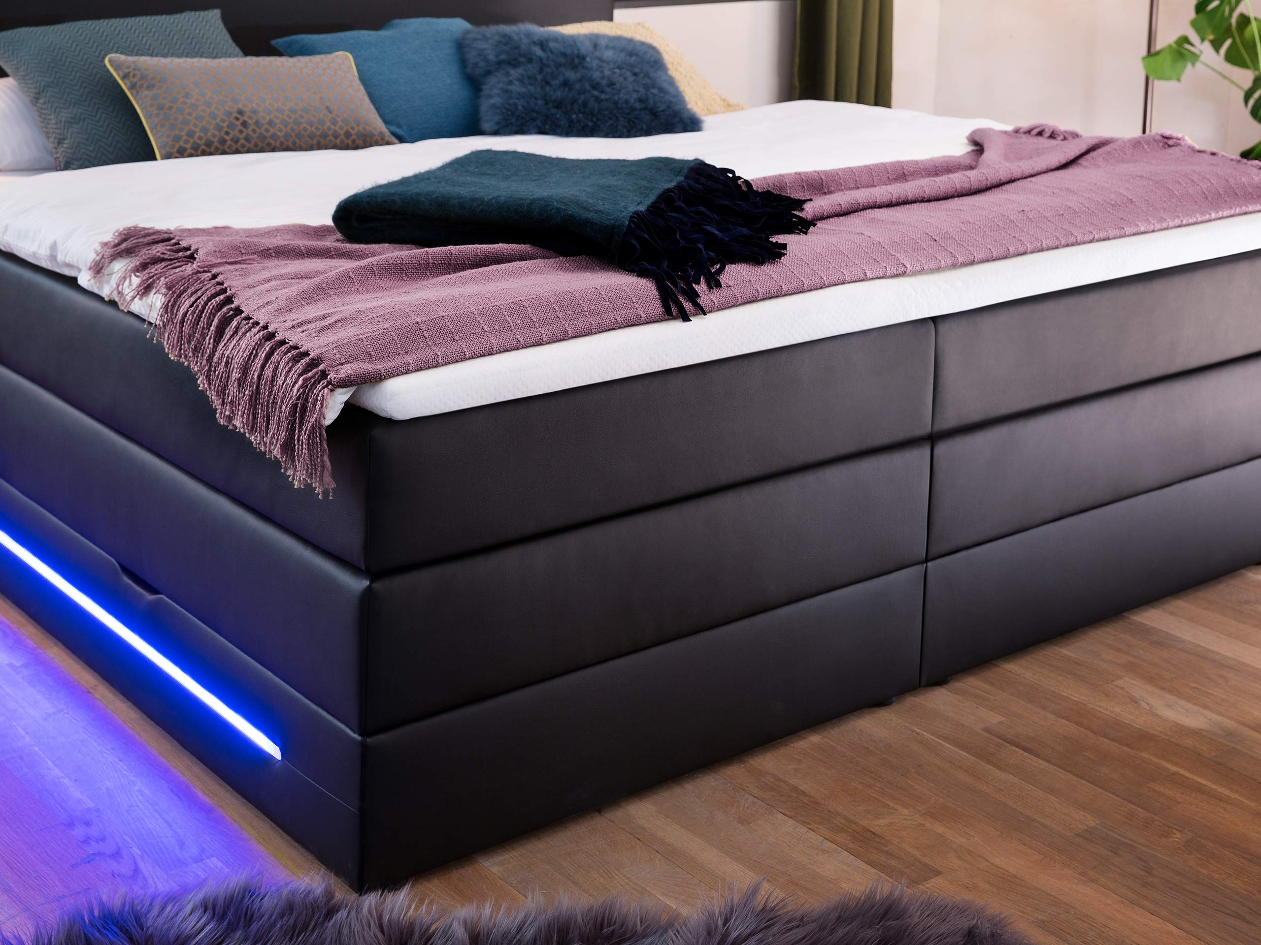 Boxspringbett 180x200 mit Bettkasten und LED Beleuchtung - gemütliches Bett mit led Beleuchtung - Stauraumbett 180 x 200 cm schwarz mit Matratze und Topper