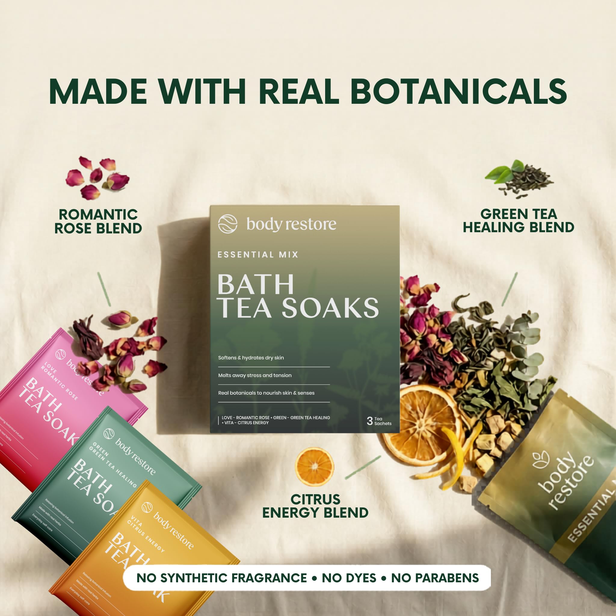 Body Restore Bath Tea Soaks Gift Set – Spa Gifts for Women, Mom, Wife & Self Care Lovers – Relaxing Botanical Bath Sachets for Stress Relief & Hydrated Skin – Essential Mix (3 Pack)