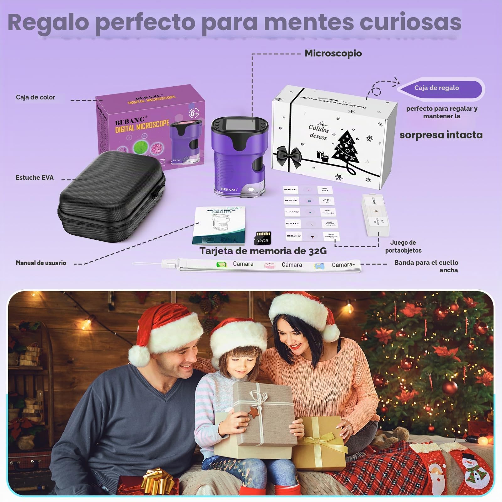 Microscopio de Mano 1000X para niños, 4K, Pantalla de 2 Pulgadas, Recargable, Mini microscopios Digitales de Bolsillo con Kit de Diapositivas, Regalo Edu portátil, para niños y Estudiantes