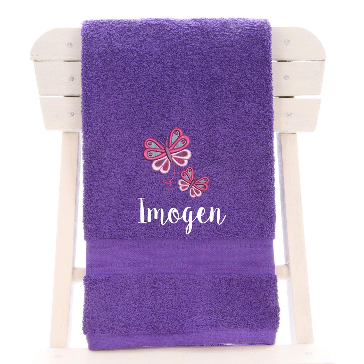 Aztex Purple Personalised Children's 100% Cotton Bath Towel With Butterfly Logo & Name, 550Gsm, 70Cm X 130Cm