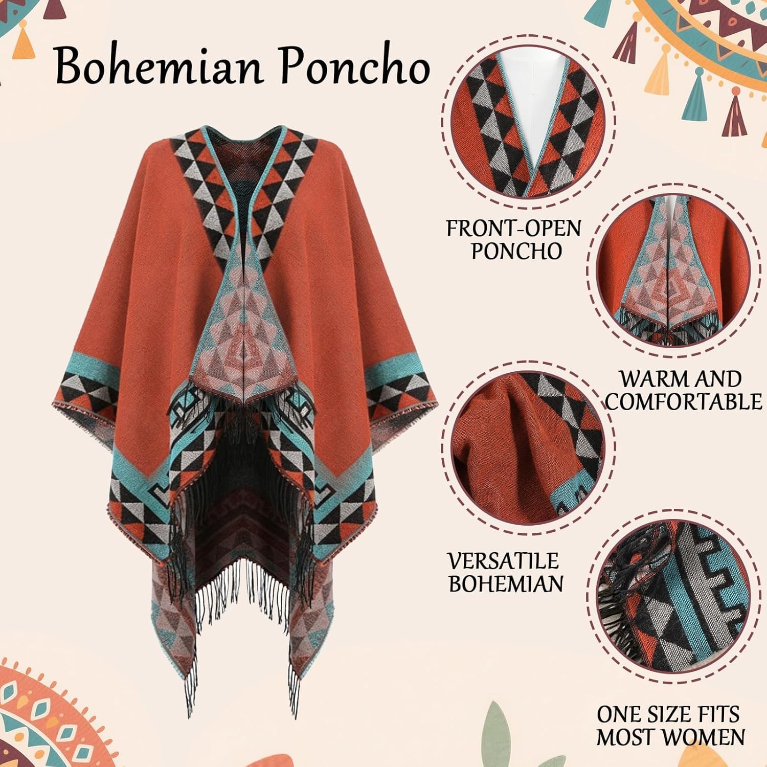 gisgfim 13 PCS Indian Native American Clothing Western Poncho Jewelry Set for Women Open Front Poncho With Turquoise Dangle Earrings Boho Necklace Bracelets Western Outfit Indian Costume for Women