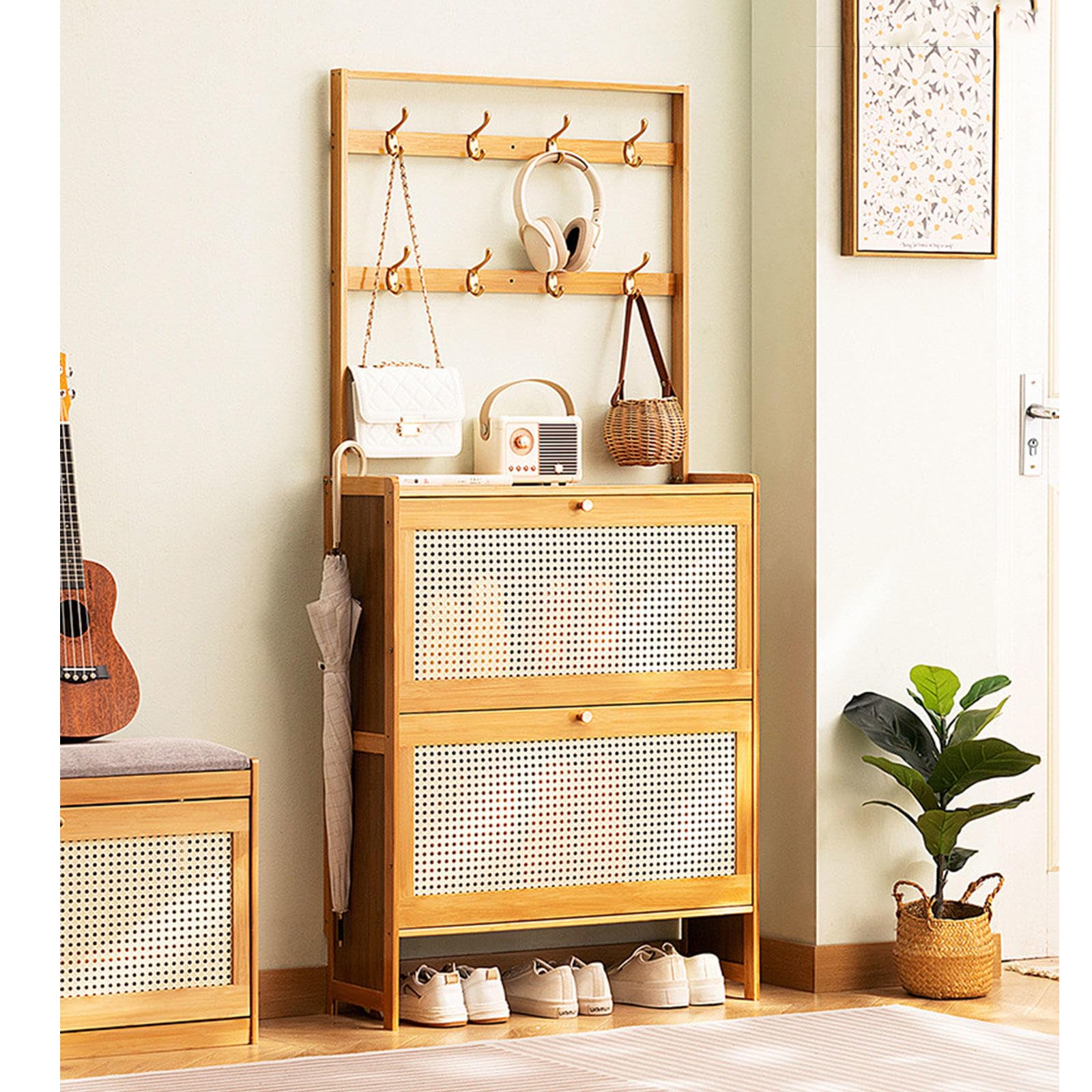 LMYSXAOZ Slim Bamboo Shoe Storage Cabinet with Hooks, Freestanding 2-in-1 Rack & Coat Organizer for Entryway, Hallway, Foyer - Space-Saving Design 70x17x152cm