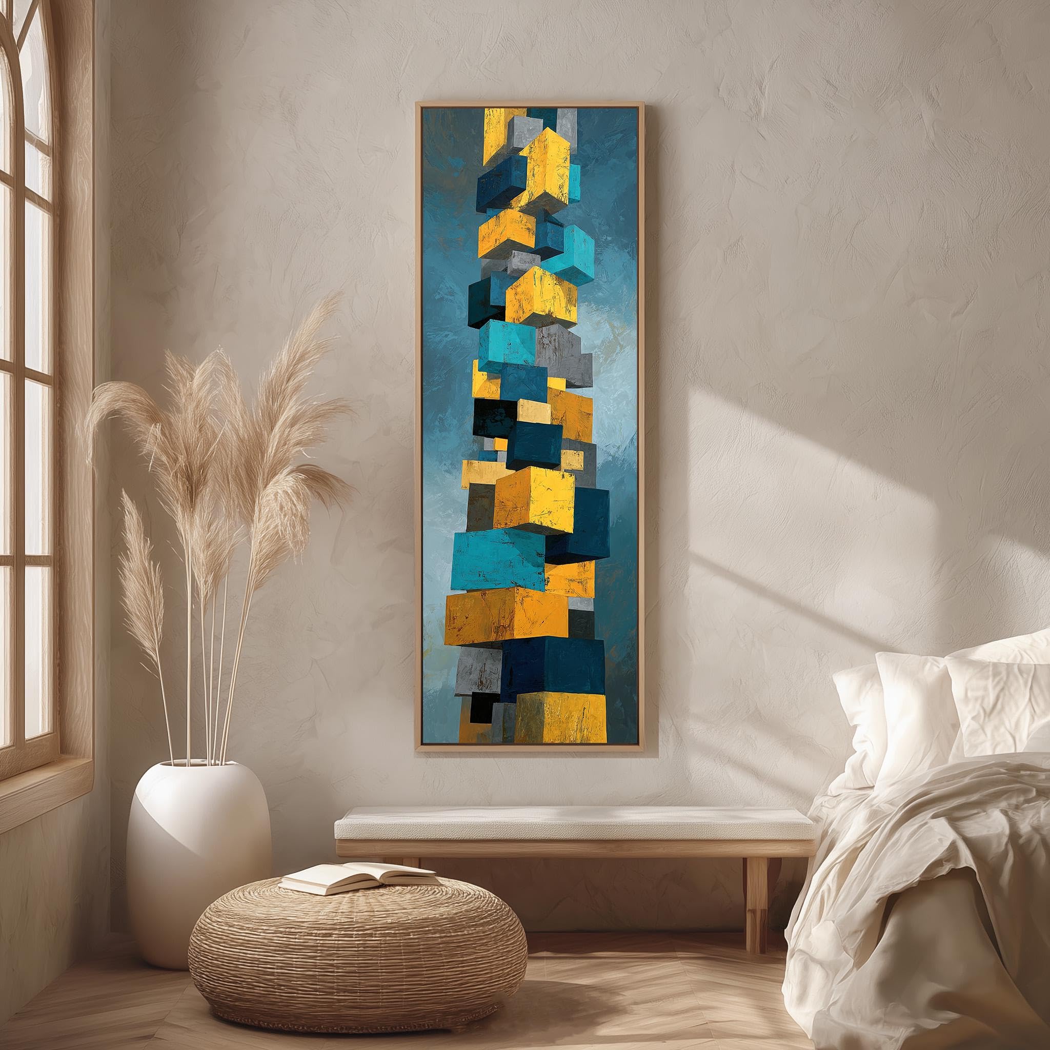 Xbtykpb Frameless Color Block Totem, Vertical Art Canvas, Tall Narrow Teal Yellow Decor, Geometric Stack Print, Contemporary Wall Painting(65X195cm/Frameless)