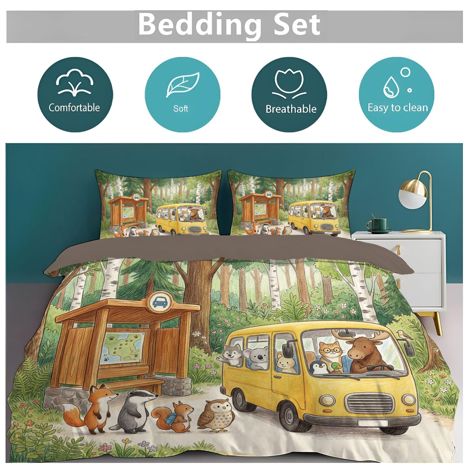 Juego de Fundas Nórdica, 260x240cm Juego de Ropa de Cama Autobús De Animales Funda de Edredón Libros Ilustrados Infantiles con Fundas de Almohada para Niños, Adolescentes, Adultos, Amarillo Verdoso