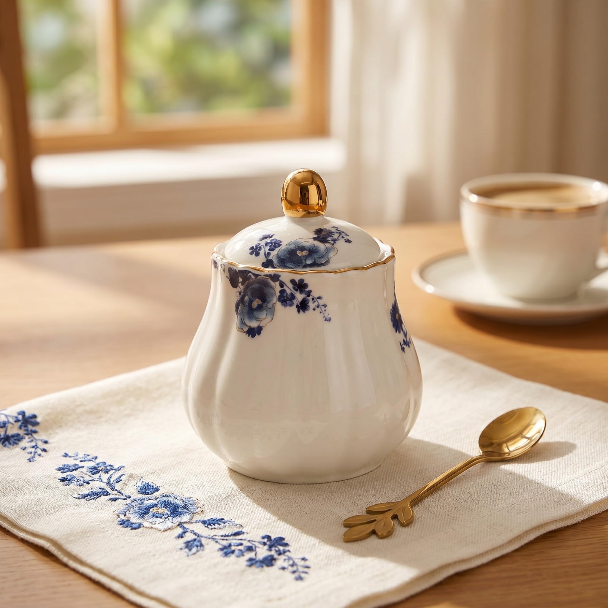 ibasenice 1 Set di zuccheriera e lattiera in Porcellana: zuccheriera e lattiera in Ceramica con Coperchio e cucchiaino, Set Vintage per servire caffè o tè in casa, Cucina o Ufficio.