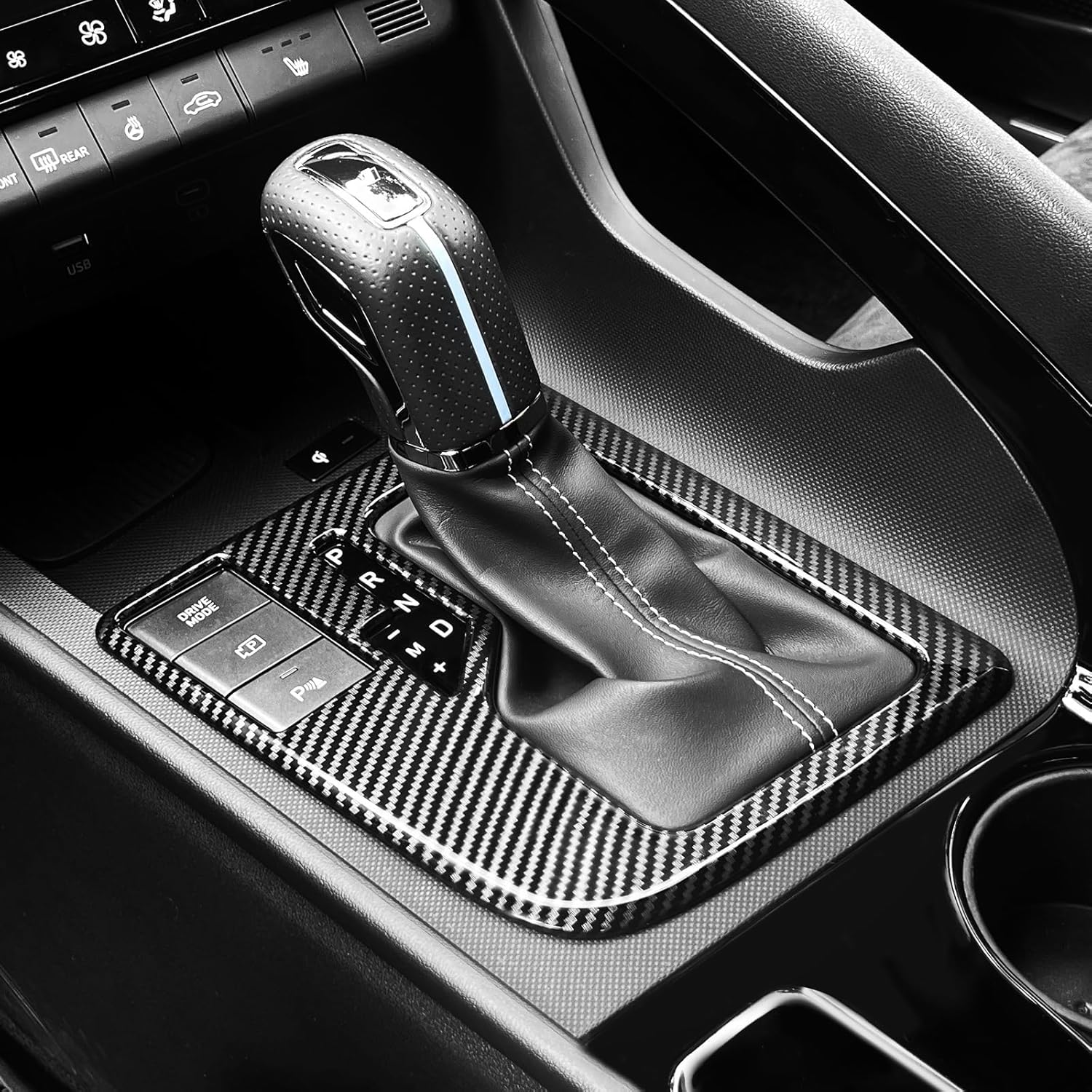 Pattern ABS Car Handbrake Water Cup Holder Engine Button Gear Shift Air Control Panel Trim Cover Protector Compatible with Hyundai Elantra CN7 N Line LHD Accessories (Carbon Fiber Style)
