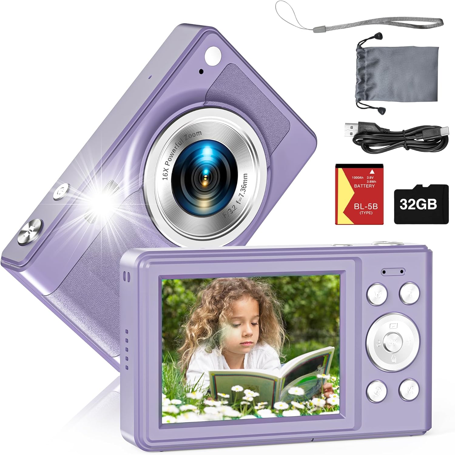 Upgrade Kids Camera, 56MP FHD 1080P with 16x Zoom, Anti Shake, 32GB TF Card, Two Batteries, Lanyard - Compact Small Camera for Kids Boys Girls (Purple)