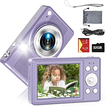 Upgrade Kids Camera, 56MP FHD 1080P with 16x Zoom, Anti Shake, 32GB TF Card, Two Batteries, Lanyard - Compact Small Camera for Kids Boys Girls Purple