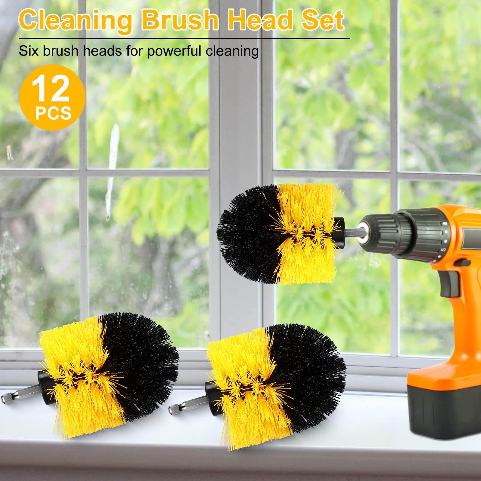 Lot de 12 brosses à récurer électriques en nylon - Fournitures de nettoyage multi-usage pour perceuse de salle de bain, baignoire, douche, carrelage de cuisine, voiture (jaune)