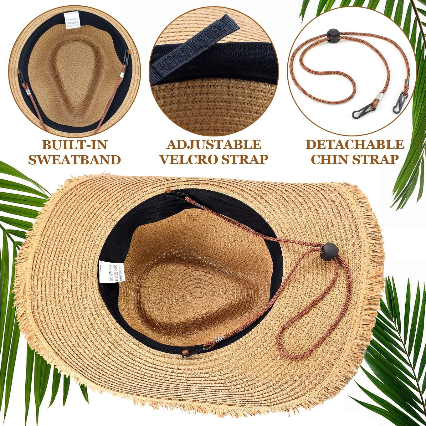 EINSKEY Adjustable Straw Cowboy Hat for Men Women, Western Cowgirl Hat Shapeable Wide Brim Sun Hat with Detachable Chin Strap - Image 3