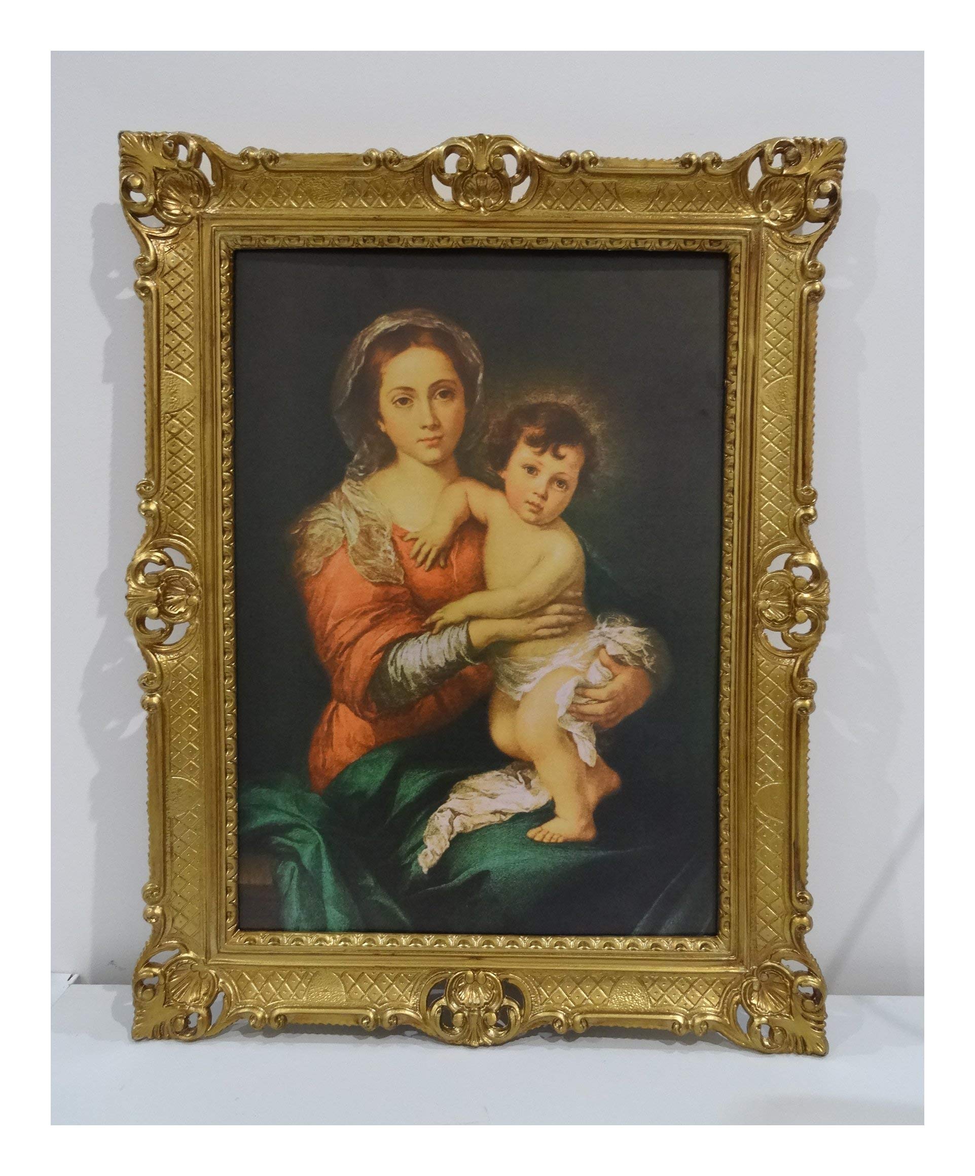 LA VERGINE COL FIGLIO BY MURILLO 90x70cm Antik Barock Rahmen mit Bild Wandbild 70x90cm Kunstdrucke Gemälde Religiöse Bilder Kunst von Heiligen Heiligenbild Retro Repro für Home Büro Praxis Café 58B