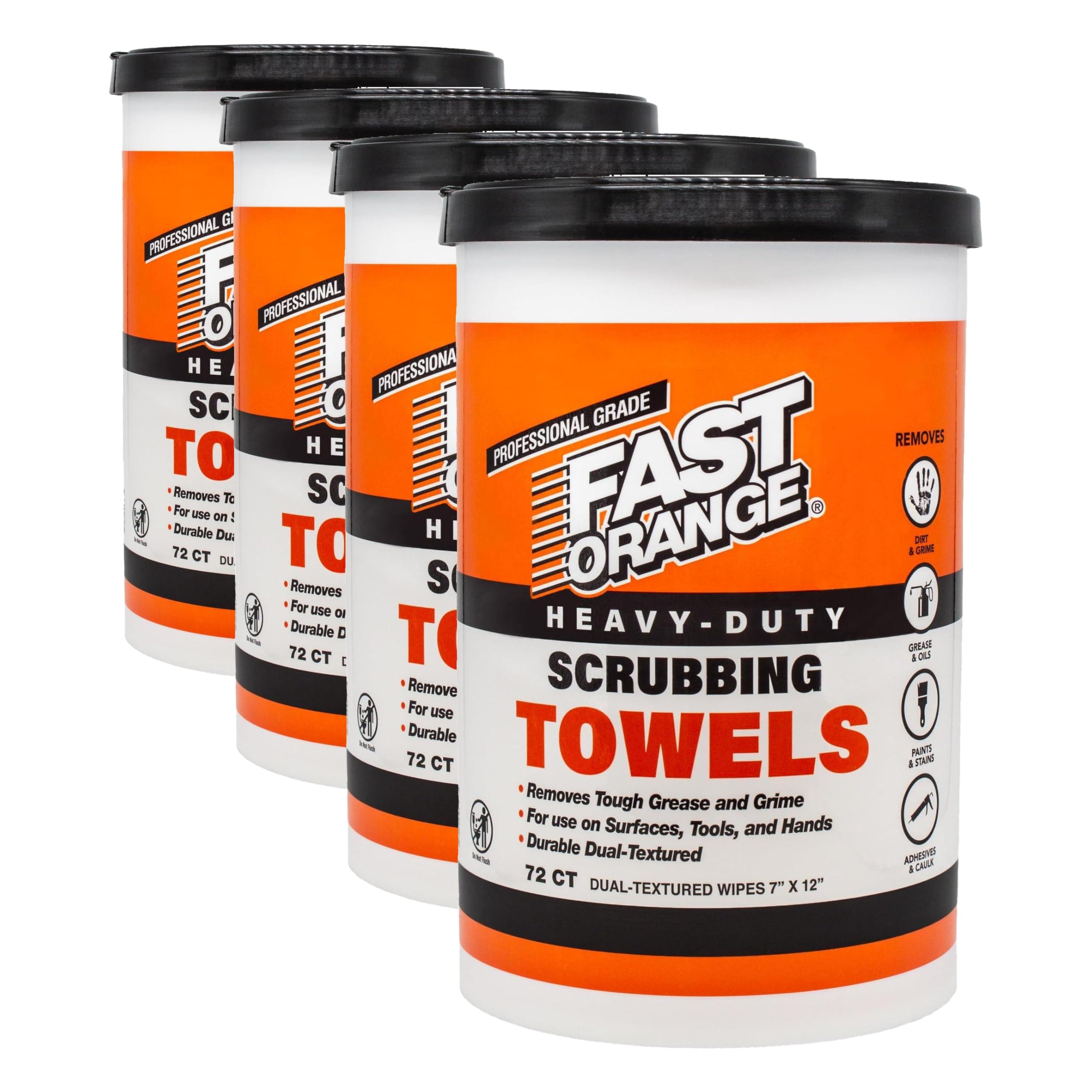 Fast Orange Heavy Duty Scrubbing Towels Removes Tough Grease, Grime, Paint, Resins, Glue and More, for Hands, Tools and Surfaces Without Sticky Residue, 72 ct (Pack of 4)