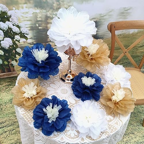 Miniatura 4 de Mybbshower 12 flores de papel de seda azul marino y dorado para cumpleaños, baby shower, boda, despedida de soltera, decoración de fiesta de