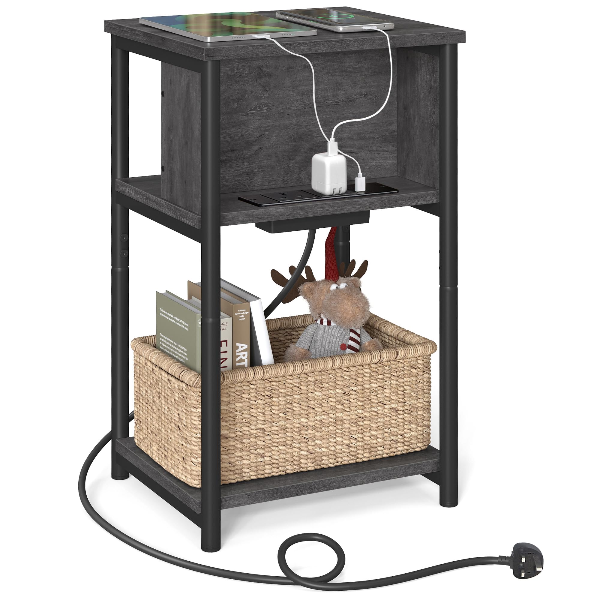 VASAGLE Slim Side Table with Charging Station, Narrow Bedside Table with 2 AC Outlets 2 USB Outlets, 30 x 34 x 58 cm, for Living Room, Bedroom, Charcoal Grey and Ink Black LET374B68