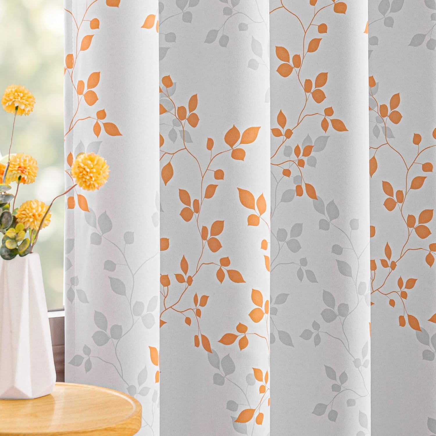 MEETSKY 95% Blackout Curtains 84 Inch Long 2 Panels Set for Living Room - Grey and Orange Leaves Patterned Thermal Insulated Room Darkening Grommet Window Drapes for Girls Room, 52" W x 84" L