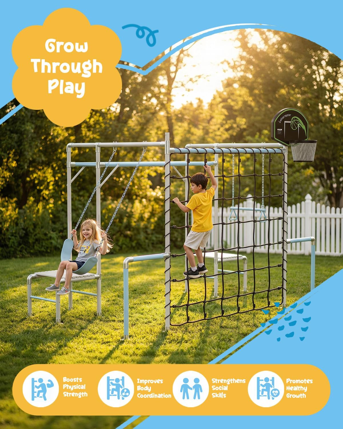 Outdoor Jungle Gym 7-In-1 with Climbing Net, Basketball Hoop, Monkey Bar, Climbing Set, Trapeze Swing Bar, Belt Swing, Kids Gymnastics Bar,Powder Coated Galvanized Steel for Backyard,White
