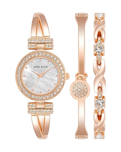 Anne Klein Women's Premium Crystal Accented Bangle Watch and Bracelet Set - Rose Gold
