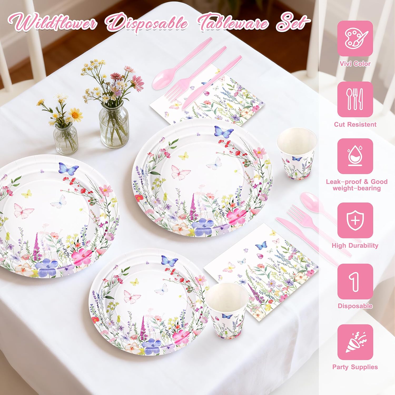 195pcs Spring Wildflower Party Decorations with Banner Balloons, Wildflower Party Supplies for 24 Guests, Floral Disposable Plates Napkins Cups Cutlery for Baby Shower Birthday Tea Party Decorations