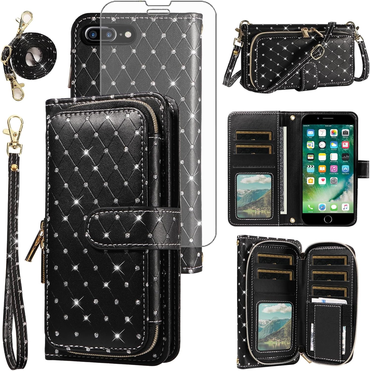 Phone Cover for iPhone 17 6.3 inch Wallet Case Cell Zipper with Tempered Glass Screen Protector Crossbody Lanyard Strap Bling Glitter Flip Card Holder Slot i Phone17 i17 17Case Women Girls Black