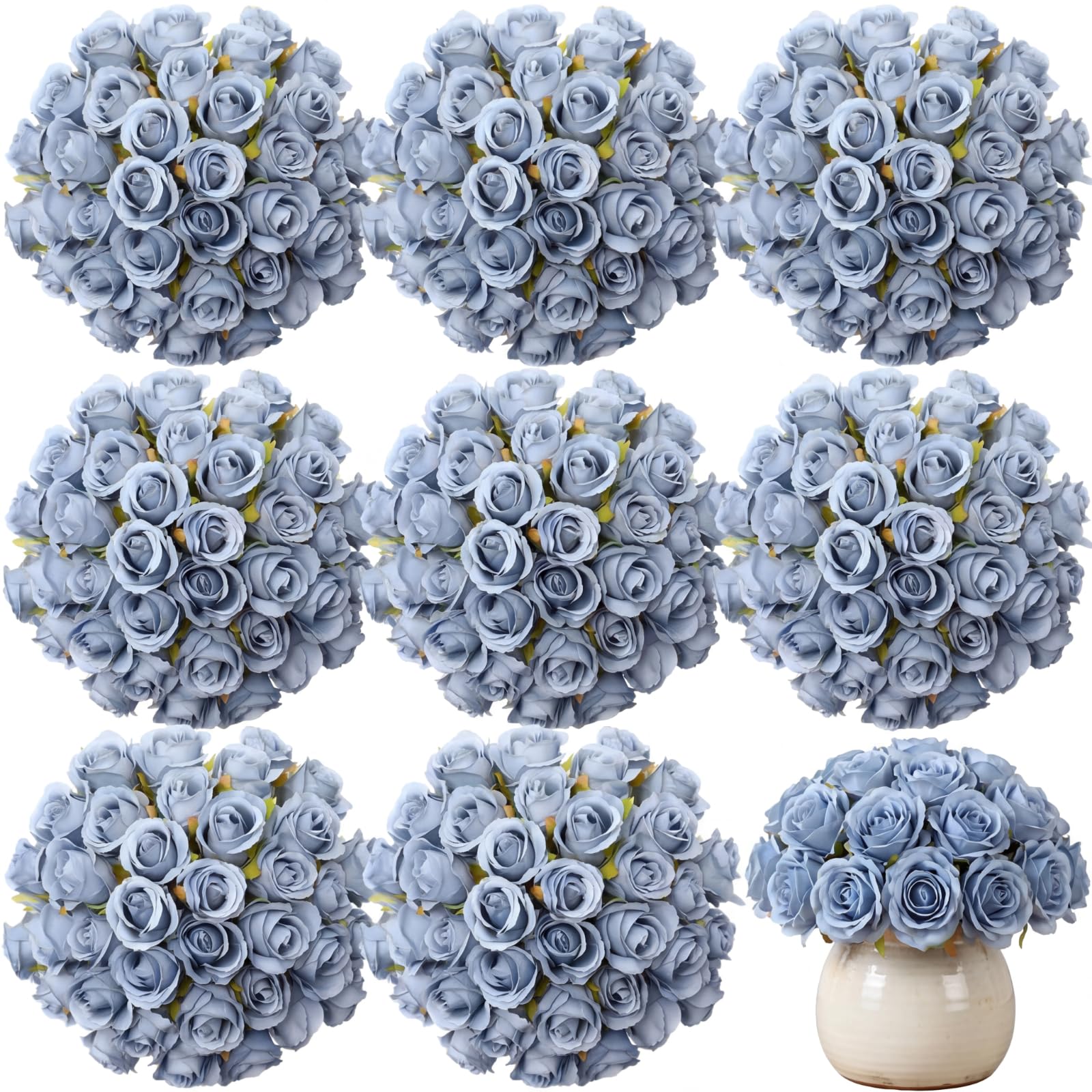 Roses artificielles mariage : 96 fleurs gris bleu avec tiges pour vos compositions de cérémonie
