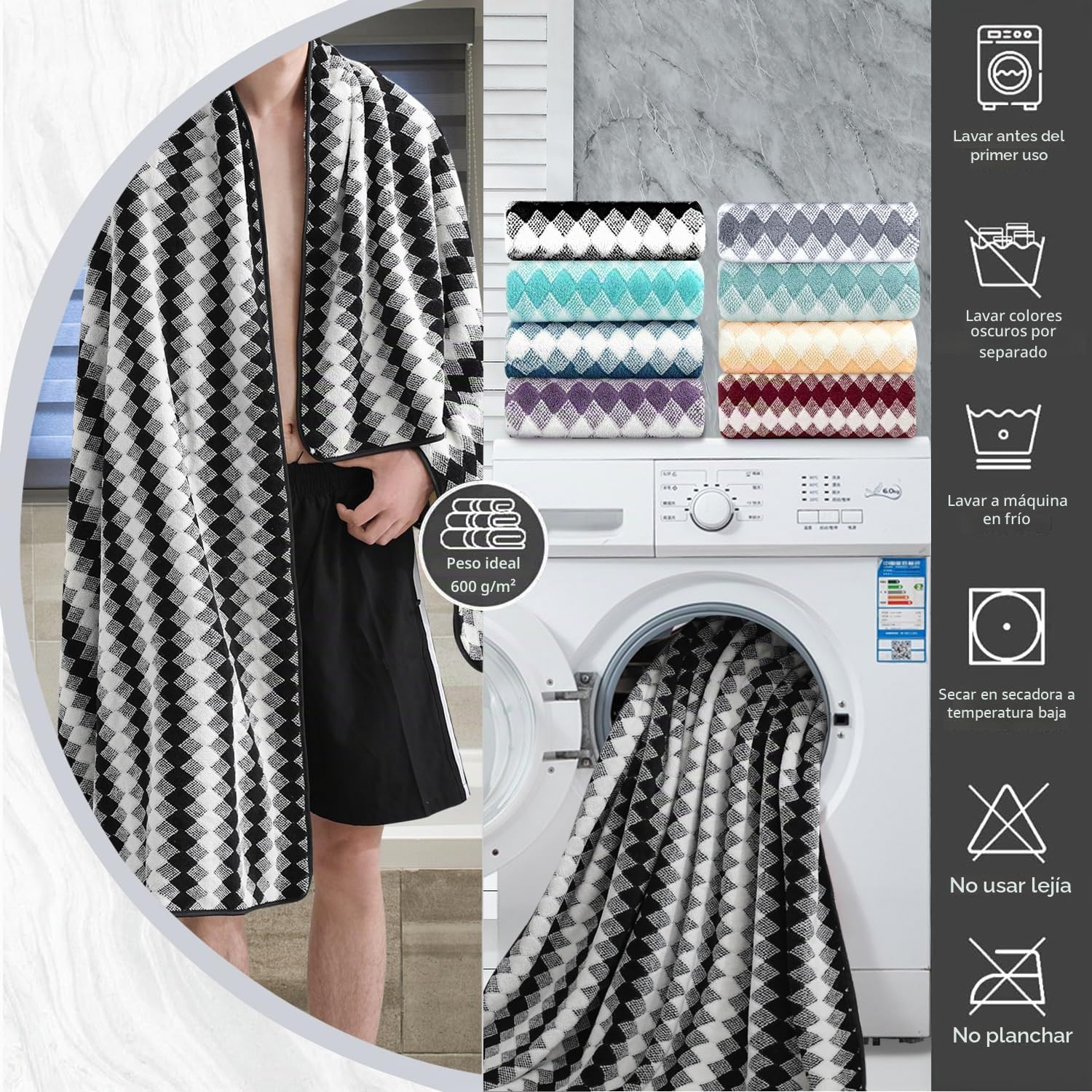 Juego de Toallas de baño de 8 Piezas, Color Blanco y Negro, 2 Toallas de baño Grandes de Gran tamaño, 2 Toallas de Mano, 4 paños de baño, Juego de Toallas Suaves de 600 g/m² para baño, Hotel
