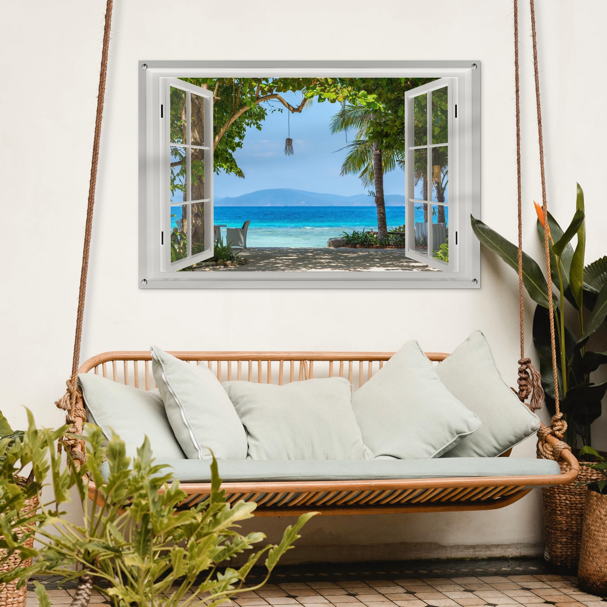 MuchoWow© Póster De Jardín 120x80 cm Terraza Exterior Accesorios Jardin Decoracion Pared Decorativa Balcon Wall Decoration Posters Decorativos Vista - Árbol - Mar - Palmera - Colinas - Playa