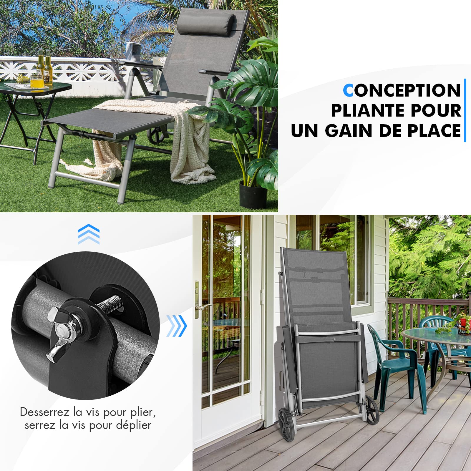 COSTWAY Chaise Longue Jardin Pliable sur roulettes, Dossier à 7 Positions