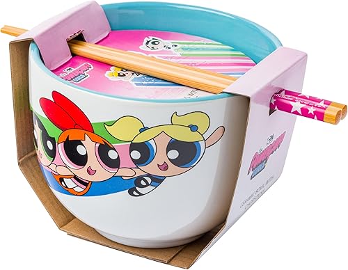 Miniatura 2 de Silver Buffalo The Powerpuff Girls Girl Power With Blossom, Bubbles, and Buttercup - Tazón de arroz de cerámica con palillos, apto para microondas,