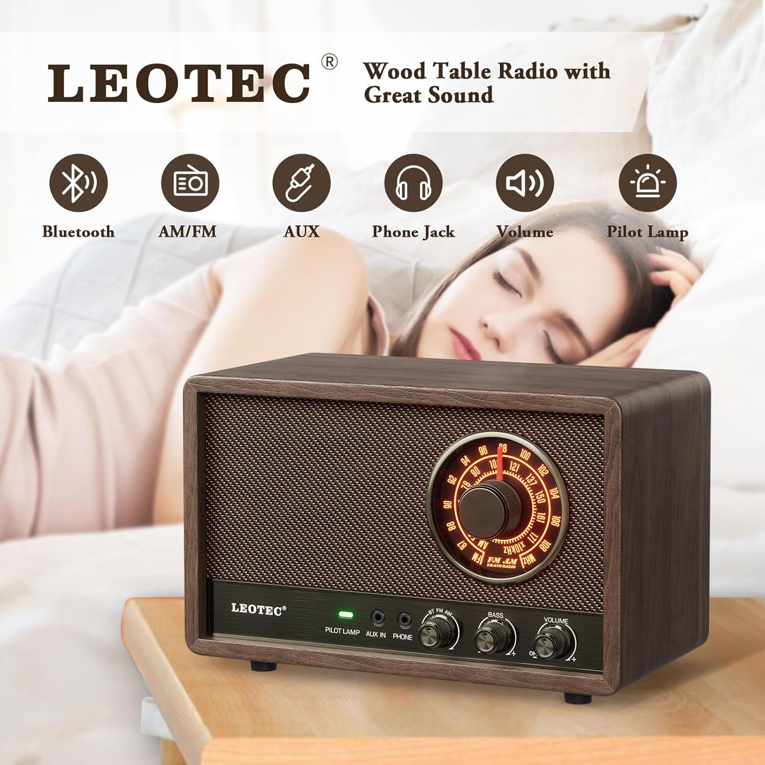 LEOTEC AM FM Radio,Retro Wood Table Radio,Portable Bluetooth Speaker Plug in Wall,Best Reception with AUX,Headphone Jack,Bass Control,Great for Home,Outdoor,Brown - Image 3