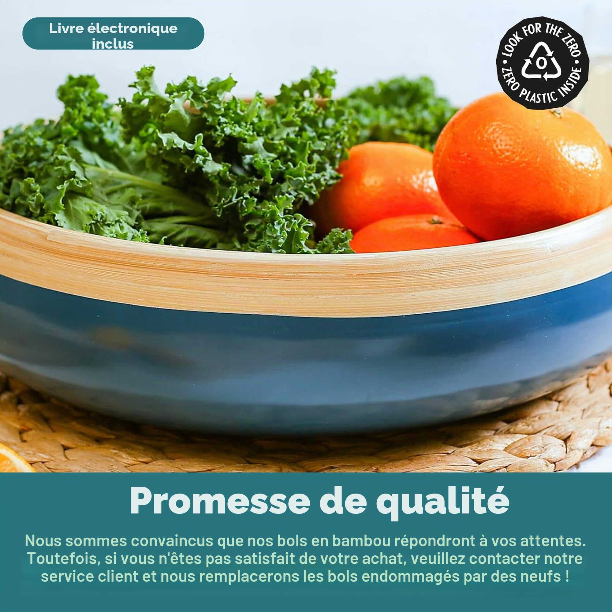 Jungle Culture Grand bol à fruits en bambou • Bols de service à salade en bois respectueux de l'environnement • Élégant bol à fruits ou salade fait à la main en bleu • Panier à pain en bois pour la