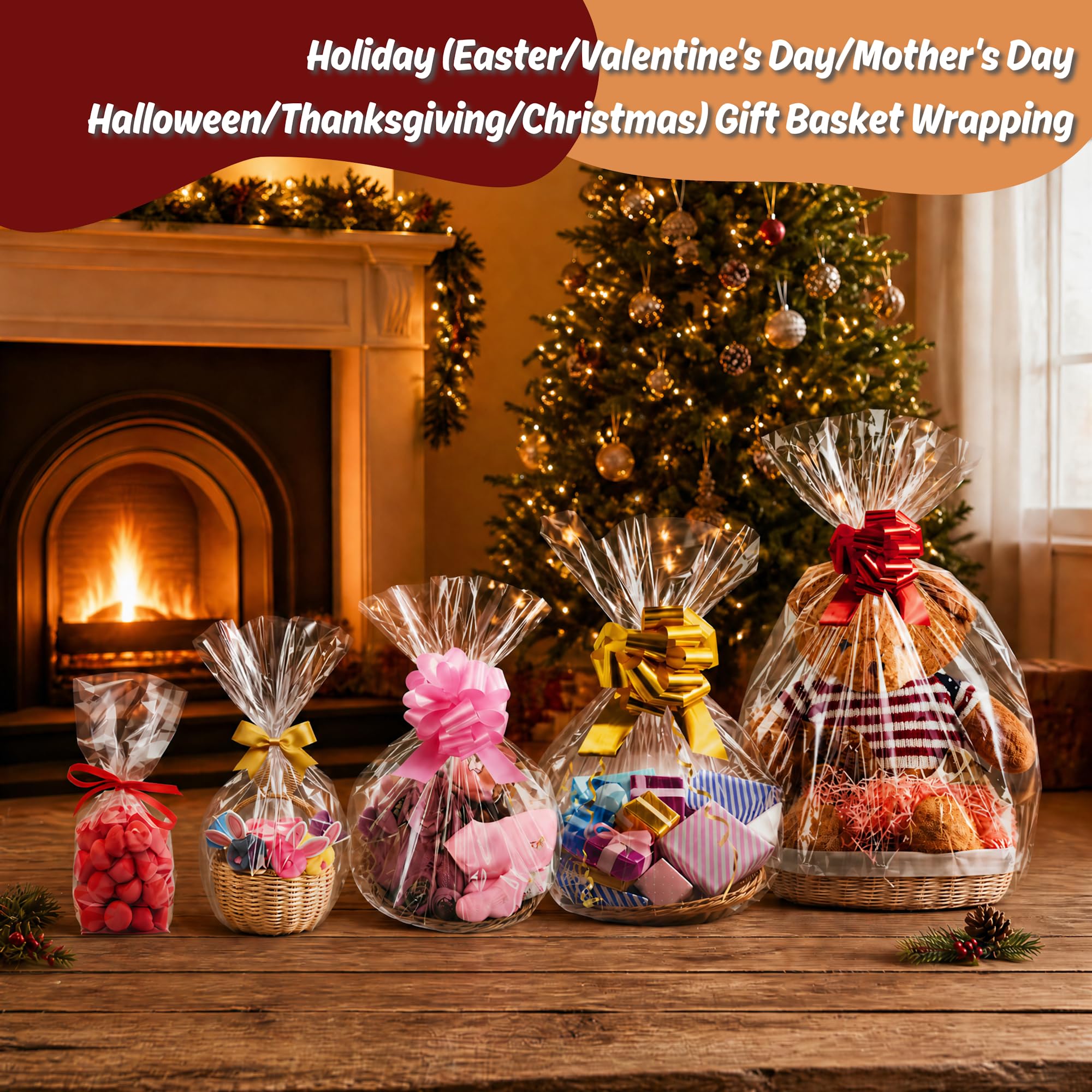 Wowfit 10 CT 16x24 Inch Clear Cellophane Gift Bags – Cello Bags for Gift Baskets, Raffle Prizes, Easter, Baby Shower, Bridal Shower & Holidays | Food Safe, No Gusset (Ribbon Not Included)