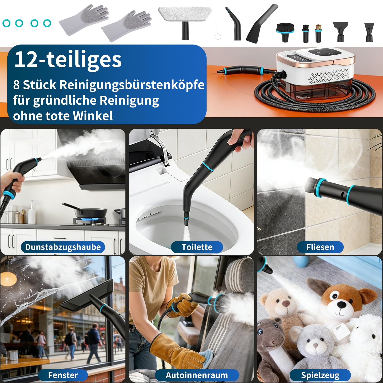 Dampfreiniger Handgerät, 2500W Handdampfreiniger, 8 Düsen, 6 Dampfstufen, 1250 ML Tank, 105℃ Hochtemperatur, 4 BAR Hochdruck, 15S Heizzeit, Tragbarer Dampfreiniger für Auto Küche Bad Polster