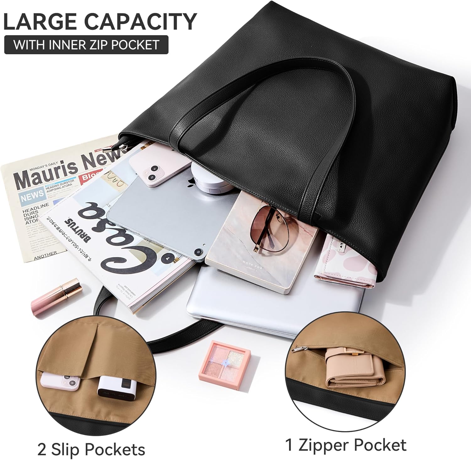 WLLWOO Soft Vegan Leather Tote Bag for Women Large Casual Hobo Handbags Zipper Shoulder Work Daily Weekender Travel Purse - Image 6