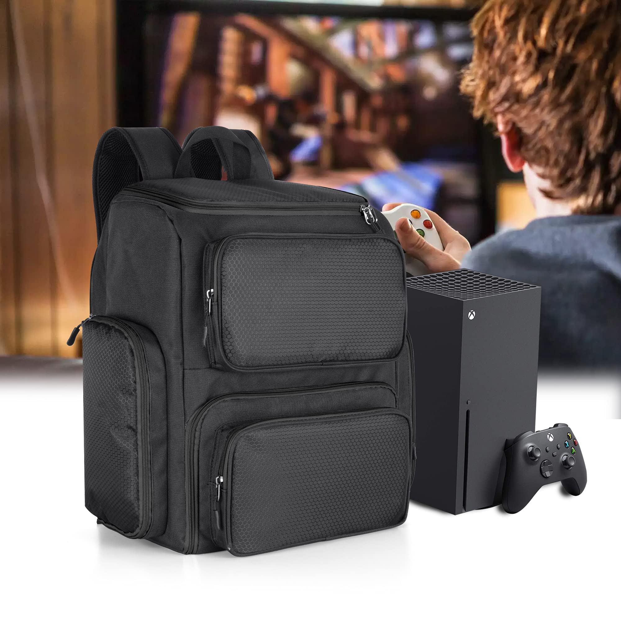 Trunab Sac à dos de Rangement Compatible avec Xbox Series X, Noir, Sac à dos Protection Grande Capacité, avec Poches, Séparateurs pour Xbox Manette et Accesoires de Jeu