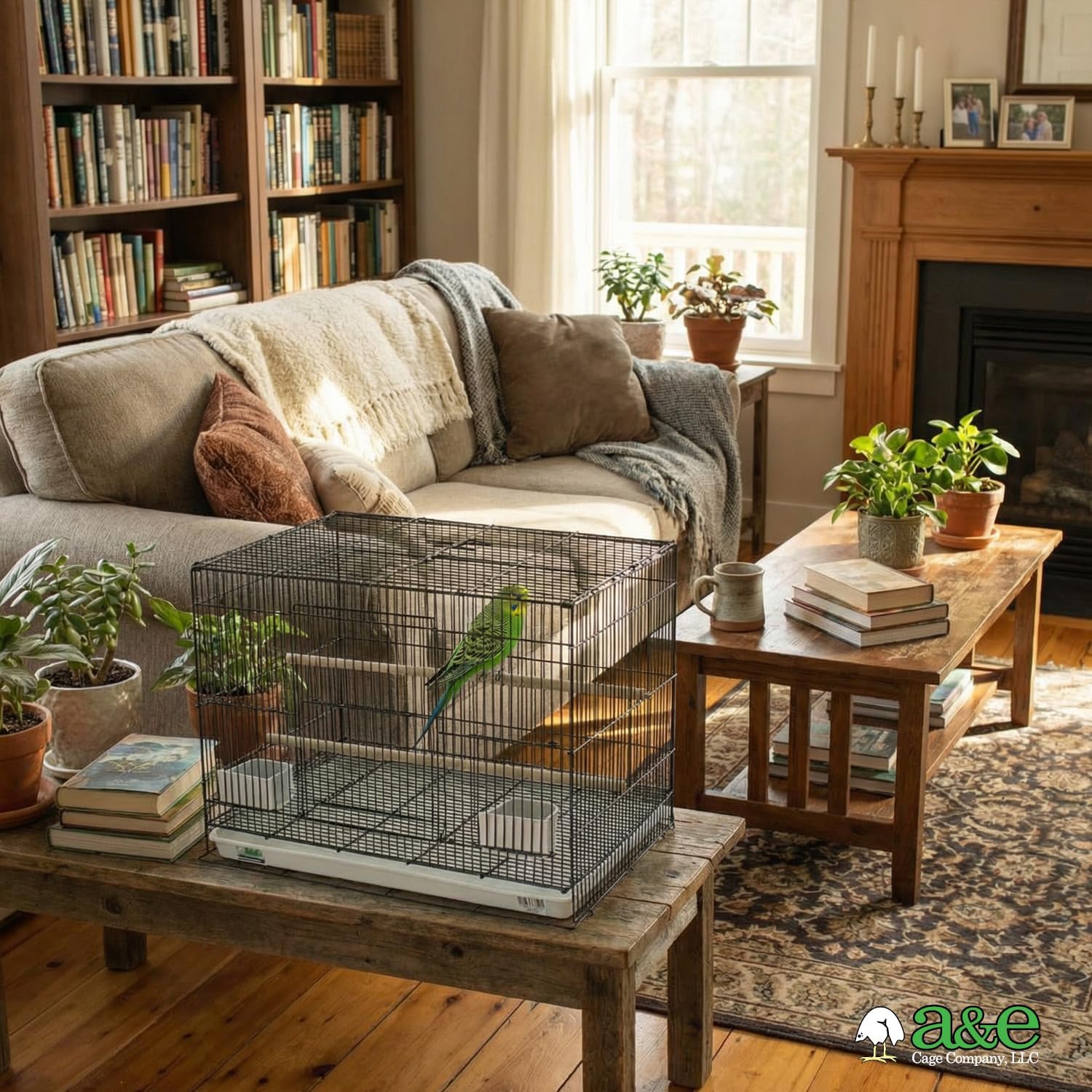 A&E Cage Co 503 Flight Cage – 24"x16"x16" Small Bird Cage with Slide-Out Tray, Wood Perch, Dual Feeding Stations & Carry Handle – Black Powder Coated Cage for Finches, Canaries & Small Birds