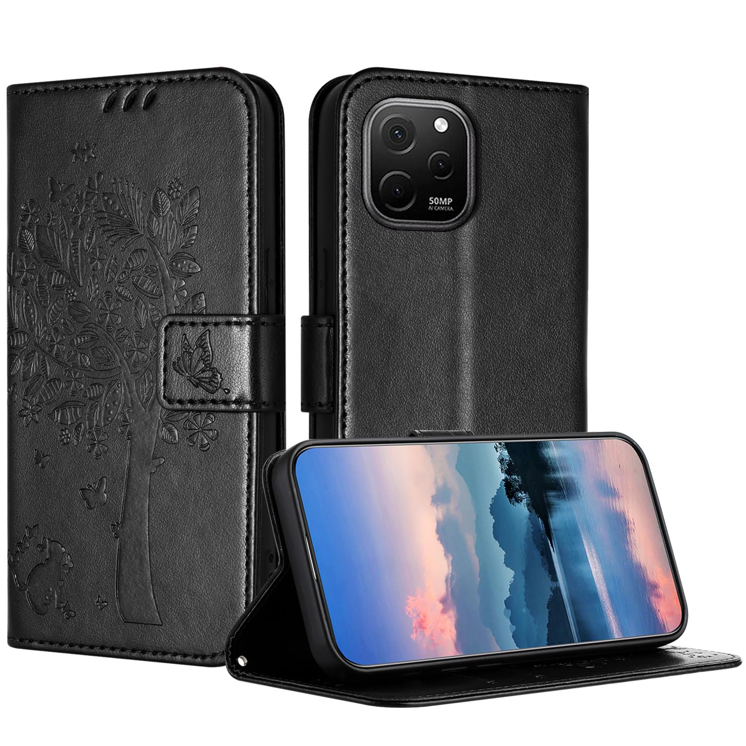 JayModCaseHuawei Nova Y61 Case, Embossed PU Leather Wallet Case with Card Slot and Magnetic Closure Stand Function Cover Compatible for Huawei Nova Y61 - Black