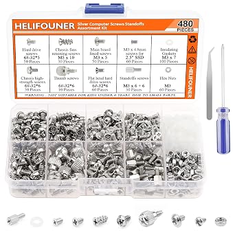 HELIFOUNER 480 Pieces Computer Standoffs Screws Assortment Kit for 2.5" SSD, Hard Drive, Computer Case, Motherboard, Fan Power Graphics with Screwdriver, Silver